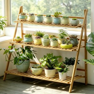쿠리브 원목색 화분받침대 화분 정리대 다용도 수납선반, 3단, 원목 100cm