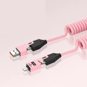 LIVINGFORE 스프링 멀티 고속 충전 케이블 65W 4 in 1 c타입 8핀 USB, 1개, 핑크, 150cm