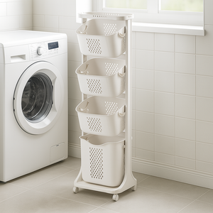수직형 스윙 빨래보관함 트롤리 이동식 빨래통 대용량 빨래바구니 4단, 화이트