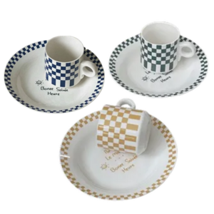 (컵3p+접시3p) 6세트 체커 감성 홈카페 머그컵 세라믹 플레이팅 접시, 그린 블루 옐로우, 컵3개 접시3개, 6개