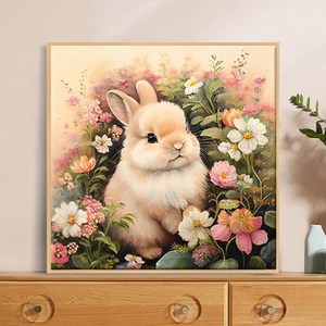 심스타 실십자수 꽃속의 토끼 귀여운 동물 꽃 도안 패키지 11CT, 50X50면사3가닥자수, 1개