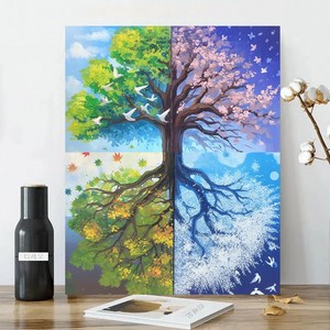 보석십자수 캔버스형 원형비즈십자수 DIY키트 40x50cm 3D 대형 선물용 재물 객실 풍수 인테리어, 1세트, 27 화려한 사계절 나무