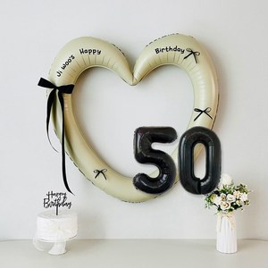 연지마켓 생일 하트프레임풍선 블랙 숫자 생일파티 용품 세트 (자유레터링), 1세트, 크림하트 숫자 50