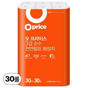 오프라이스 3겹 천연펄프 화장지 30롤 30m 대용량 두루마리 화장지, 1개