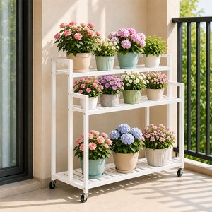 KEMEI 철제 화분 정리대 스탠드 받침대 베란다 화분 진열대 선반, 3단, 화이트100CM
