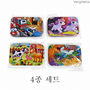 VergHatia 원목 퍼즐 철제케이스 포함 어린이 공룡 유니콘 자동차 농장 동물 4종 세트 60 피스/ 케이스 입체 퍼즐, 240피스, 1세트