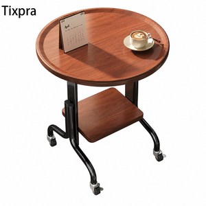 Tixpra 이동식 원형 2단 사이드테이블 바퀴형 잠금가능 소파 침대 옆 미니 테이블, 원목색