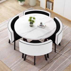 MEETON 감성 인테리어 4인용 티 테이블 세트 원목 의자포함 식탁 원형 카페 둥근모서리, 원형-마블화이트/체어-화이트블랙