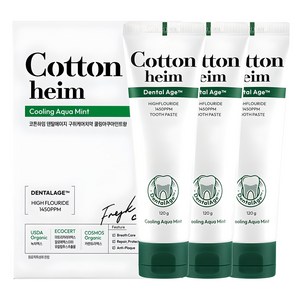 코튼하임 덴탈에이지 고불소 구취케어 치약 쿨링아쿠아민트향, 120g, 3개
