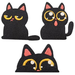 케이엠 시크 고양이 찢청 리폼 열접착 DIY 와펜 패치 3종 세트, 3개, 블랙