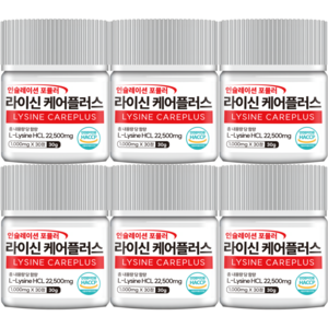 정품 라이신 케어플러스 순도 99.9% 고함량 1형 2형 식약처 HACCP 인증, 6개, 30정