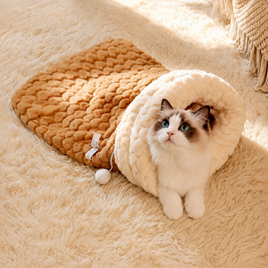 WHH 고양이 겨울철 하우스 반폐쇄형 주머니형 따뜻한 숨숨집, 1개, 브라운