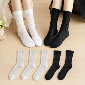 테일스타 여성 양말 5켤레 시스루 러블리 중목양말 블랙 앤 화이트, 2종 5켤레