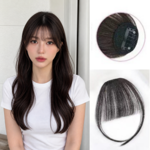 자연스러운 100%인모 시스루뱅 앞머리 가발, 1개, 내추럴블랙
