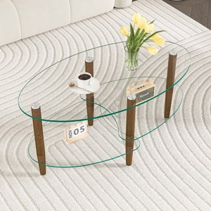 제이더블유퍼니처 강화 유리 거실 소파 좌식 타원형 테이블 3단 커피 테이블, 투명+오크