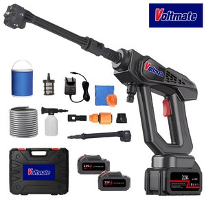 VoltMate 무선 고압세척기 고압세차기 휴대용 세차기 6in1 다기능 4000mAh 듀얼 배터리 5m 호스 접이식 물통 등 세트 포함, 블랙, 8107