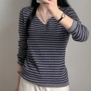 르코앤드라코 여성 데일리 스트라이프 브이넥 빅사이즈 니트 티셔츠