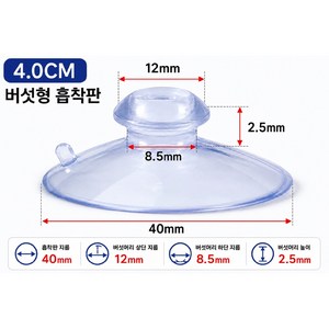 버섯형 흡착판 40mm 12개입 투명 큐방 고리형 교체용 흡착고무, 1개, 40미리 버섯형 12개입