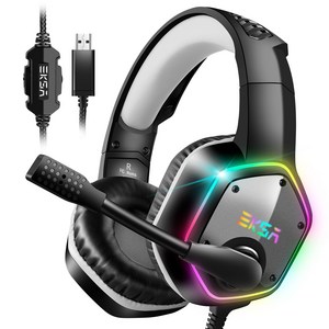 EKSA E1000 게이밍 헤드셋 노이즈 7.1 서라운드 RGB PC/PS4/PS5, 회색 USB 연결 케이블, USB 연결 케이블