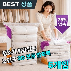 디모리안 펌프 필요없는 초강력 3D 진공 압축팩 중 대형 의류 이불 보관함 수납백 파우치, 1개, 5개입