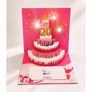 EC1983 3D 멜로디 생일 카드 음악 나오는 생일 축하 카드, 1개, 핑크