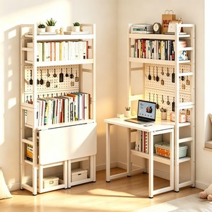 CABICO 접이식 책상 다층 대용량 수납 책장 싱글 책상 일체형 세트, 4단, 화이트