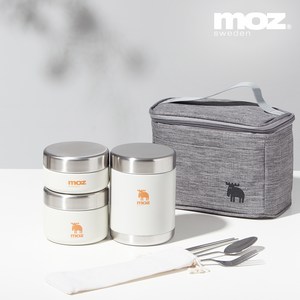 MOZ 스웨덴 포스코 316 올스텐 보온도시락 3종 도시락가방 수저 세트, 크림, 1세트