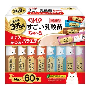 챠오 고양이 츄르 스고이유산균 버라이어티, 참치&가다랑어&치킨 버라이어티, 14g, 60개