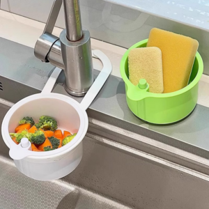 홈 주방 물빠짐 싱크대 음식물 거름망 음식물 물기제거 과일 세척 바구니원터치 오픈 수납바구니 거치대 채반 채망 바스켓, 녹색, 1개