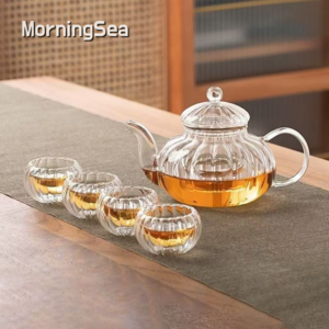 MorningSea 내열 호박 유리필터 티포트 티팟 세트 꽃차 유리포트 차 우려먹는 유리주전자 600ml, 투명색, 티포트 세트 5P, 1세트