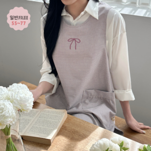 리본자수 앞치마 단추타입 원피스 예쁜 유치원 어린이집 선생님 보육교사 교사 실습 앞치마 린다스 에이프런샵, 1개, 일반/체크그린