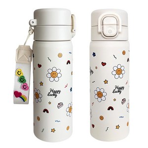 바이코코 DIY 스트랩 스마일 데이지 보온 보냉 스텐 예쁜 손잡이 빨대 텀블러, 1개, 500ml, 크림아이보리