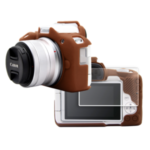 CANON EOS R50 카메라 하우징 범퍼 케이스 + 액정 방탄유리 필름, 브라운