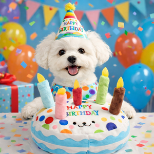 [푸들나무] 스마일 파티멍 강아지 생일 케이크 노즈워크 인형 장난감, 1개, 블루