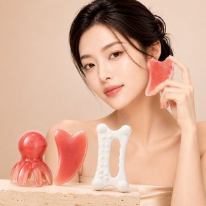 다로엘 문어 두피 얼굴 목 바디 하트 괄사 마사지기 림프순환 지압 3종 세트, 로지 핑크, 1세트