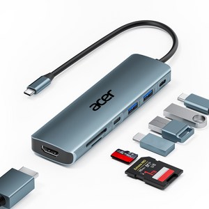에이서 7-in-1 USB-C 허브 4K@30Hz HDMI 100W PD 충전 USB 3.0/Type-C 5Gbps SD/TF 카드 리더 멀티포트 익스텐더, 1개, 회색