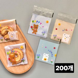 펀펀스마일 베어 캐릭터 OPP 쿠키 포장 봉투 투명 접착 비닐 답례품 디저트 포장용, 200개