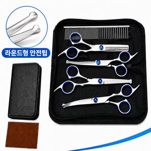 로젠스 강아지 애견 미용가위 라운드형 안전 커브가위 숱가위 빗 파우치 7종 세트, 1개, 실버&블루