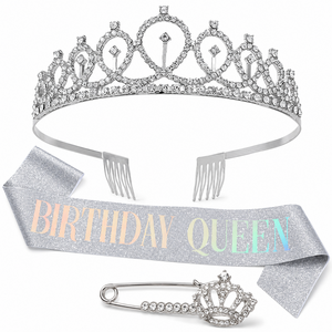 블링모어 생일 왕관 어깨띠 세트 티아라 크라운 브로치 파티 소품, 1세트, 실버  BIRTHDAY QUEEN