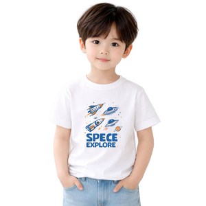 아동용 순면 기본 반소매 반팔티 통기성 라운드 별의 우주비행사 반팔 티셔츠