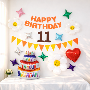 상큼화사 오렌지 생일 가랜드 숫자 하트 케익 풍선 파티용품 세트, 숫자11번, 1세트