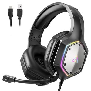 EKSA E1000 게이밍 헤드셋 노이즈 7.1 서라운드 RGB PC/PS4/PS5, 검은색 Type-C 연결 케이블, Type-C 연결 케이블