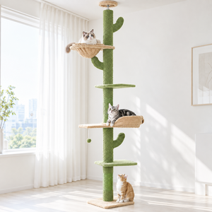 PAWZ Road 5단 대형 선인장 모양 플러시 패브릭 캣폴 천장 고정형 높이 조절 캣타워205-255cm, 1개, 그린