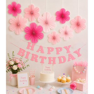 올리브파티 페이퍼팬 플라워 파티팬 9P 홈파티 행잉 데코 생일 가랜드 세트, 1개, 핑크+가랜드세트