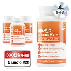 뉴트리정 비타민D 5000IU 플러스 대용량, 4개, 300정