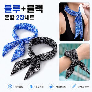 냉동 쿨링스카프 1+1 세트 냉감스카프 아이스 넥쿨러 여름 야외활동 야구장 등산 캠핑용, 1세트, 혼합 블루1장+블랙1장