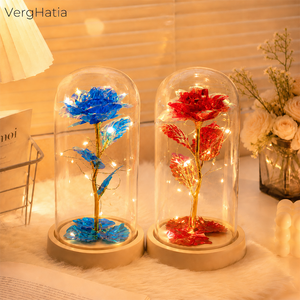VergHatia LED 갤럭시 장미 유리돔 무드등 시들지 않는 영원한 장미꽃 인테리어 조명 발렌타인데이 여친 생일 선물, 레드 갤럭시 장미