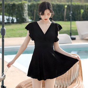 와플 반팔 여성 패션 원피스 수영복, 블랙