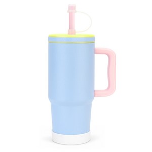 텀블러 스테인리스 손잡이 보온병 진공 단열 보틀 논슬립 커버 24시간 보온보냉병 스트로우캡 차량 탑재, 1개, 828ml, 블루