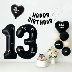 해피제이니 블랙앤크림 초대형 리본 숫자풍선 생일가랜드 파티풍선 세트(프리레터링 시트지 포함), 1세트, 블랙숫자 13